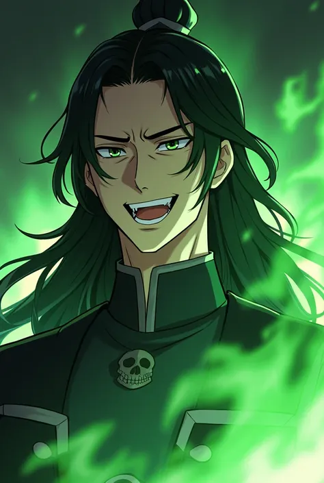 Draw Qi Rong without errors in the anime version, with green fire, a threatening and sly smile where his fangs can be seen, handsome, attractive, with long hair, green eyes, a fierce look, seen from below his haughty face, and skulls.