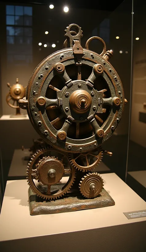 An ancient bronze mechanical device known as the Antikythera Mechanism, with intricate gears and dials turning slowly. The setting is an archaeological display with soft, focused lighting highlighting the details of the mechanism.