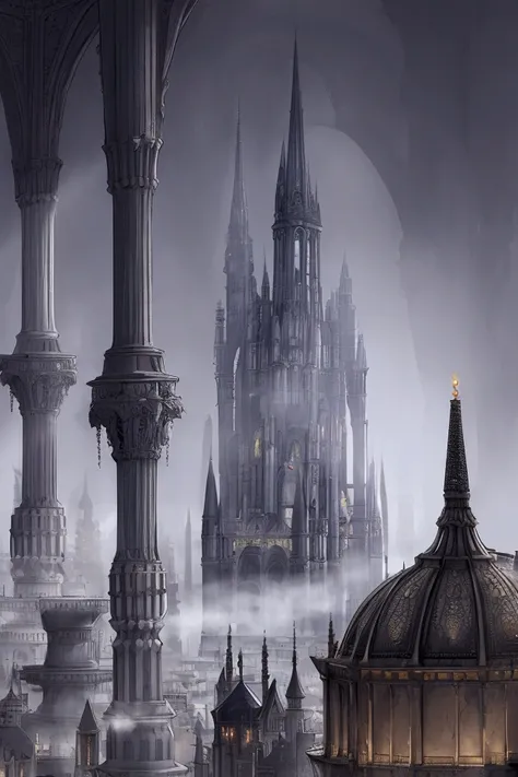 Empty, misty fantasy city with narrow, winding roads, tall, otherworldly buildings that blend intricate classical forms with strange and unconventional structures, no spires or centerpiece, odd shapes and arches scattered, light decay, fog casting ghostly ...