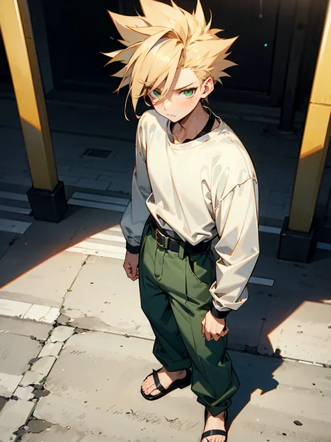 1male , messy pale blonde hair , green eyes , Spiked Hair , Calm Expression , White Longsleeve T-Shirt , Sash Belt , Baggy Pants ,  Sandals , Perfect Generation, Standing On sidewalk , Modern City Background, Detailed Background , Young Male 