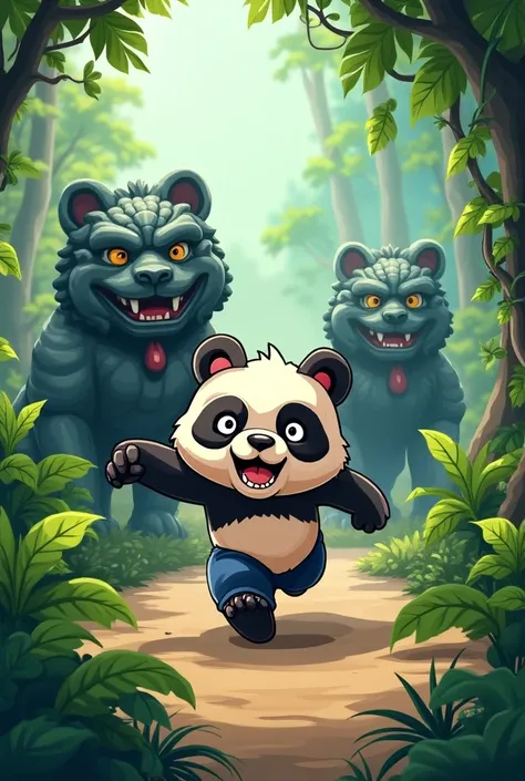 Create a panda with a raccoon mask that runs through the jungle chased by the statues of Chinese lion dogs. All in cute cartoon style 