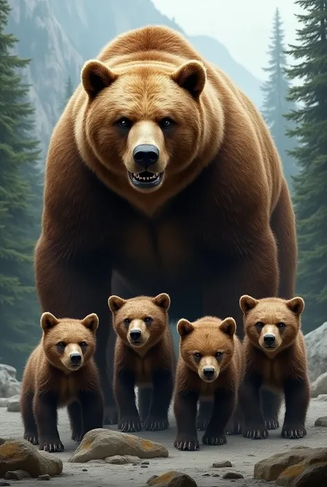 Angry and strong adult grizly bear defending his four cubs