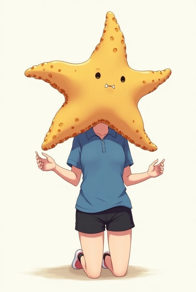 girl, anime,  boxer shorts color black, blue polo ,  a large starfish replaces their head, kneeling, with arms outstretched,  outstretched hands , The hands make a gesture of asking, The hands make a gesture of asking