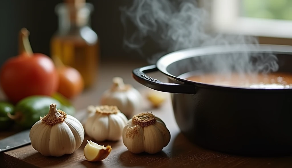 photo: garlic, chopped and added to hot broth.

 Detail description : garlic cloves, lightly pressed with a knife, lying next to a pot of ready broth. A breeze from the kitchen fills the air with aromas, emphasizing the moment of adding the key ingredient.