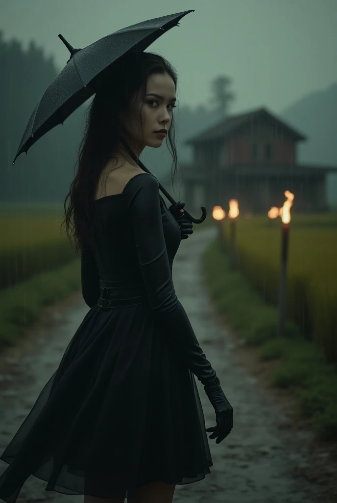 An vintage photograph of the film, beautiful robot girl, robot body, wearing a short goth black dress, holding an umbrella, night, heavy rain, half profile, looking at viewer over shoulder, rice field, dirt road, abandon house, midnight, dark scene, torche...