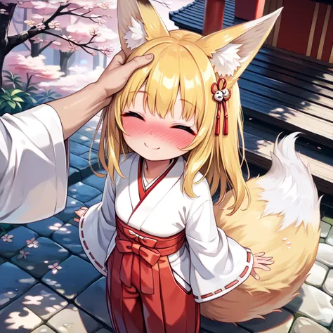 (masterpiece, best quality:1.4), (8k, ultra-detailed, anime style:1.2), cute young girl, (yellow hair, Fluffy fox ears, Fluffy fox Tail,:1.6), big eyes, small nose, detailed hair, (wearing Japanese white clothes:1.6), BREAK (red short hakama:1.4), bright a...