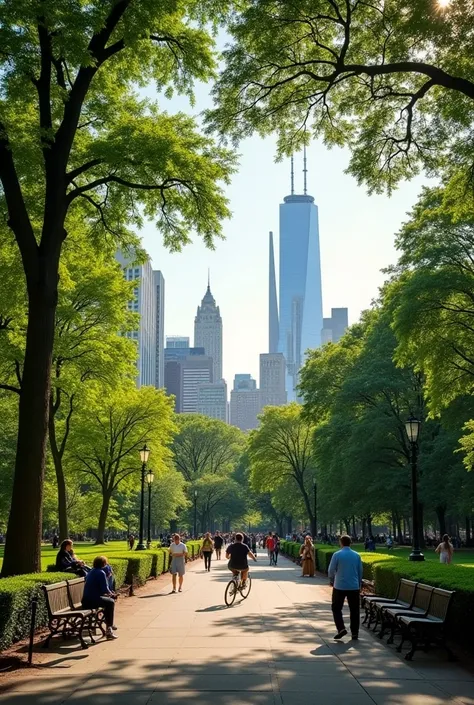 Realistic, portrait, in Central Park, New York City. The image captures a peaceful, scenic view with lush green trees, well-maintained pathways, and people leisurely walking, biking, or relaxing on benches. The famous city skyline is visible in the distanc...