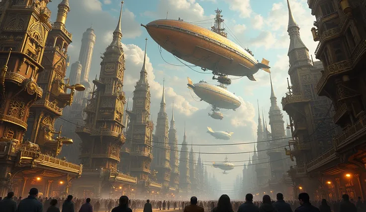 Steampunk Metropolis: Brass and copper structures, airships in the sky, and a world powered by steam.