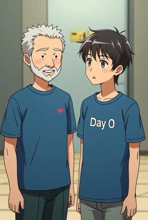  creates an animated image of the founder of the Technical University Federico Santa Maria plus the oldest anime type who wears a blue t-shirt that says "Day 0 " Let Don Federico be alone 