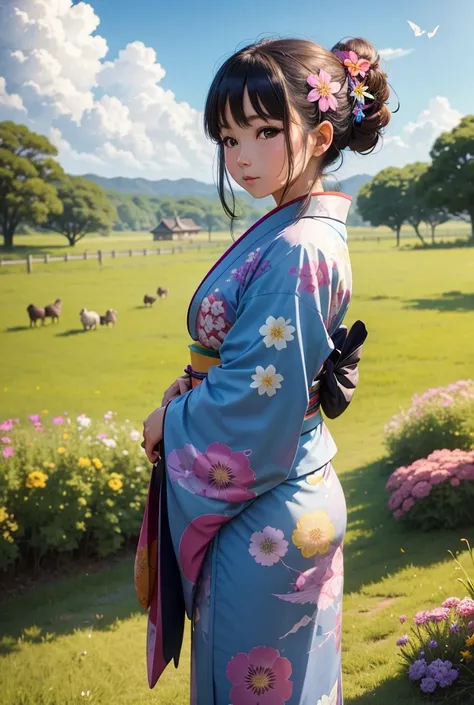 A woman in a beautiful kimono in a rainbow colored prairie 、 floral kimono、Cute Cat、Rabbit、 Many birds and butterflies in the blue sky with raccoon dogs playing happily々