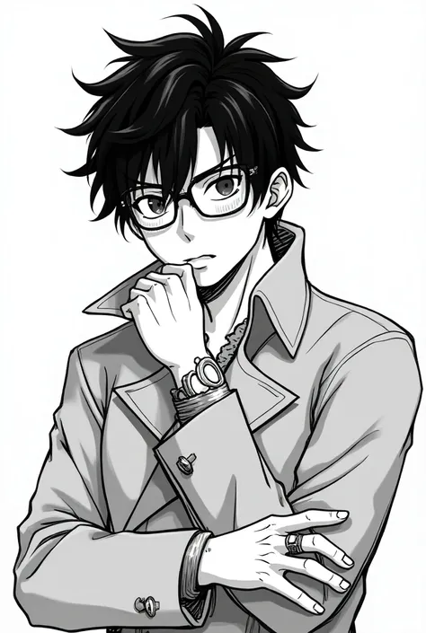 black hai wearing glasses , messy hair, rings on his hands , handsome,Serious, without expressions only blushed,Drawing, lyrics,manga,masculine traits,monochrome,Line art, portrait, portrait,wears a coat,Hombre masculino con rostro Serious