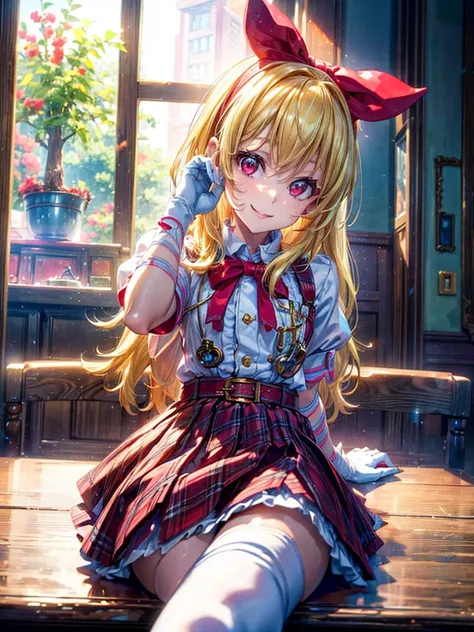 (best quality,4k,highres:1.2),ultra-detailed,realistic:1.37,portraits,vivid colors,indoor lighting

Girl with red ribbon on a headband is sitting at a table. She has beautiful blond hair and is wearing a nurse:1.5, white wear, ((white legwear, zettai ryoui...