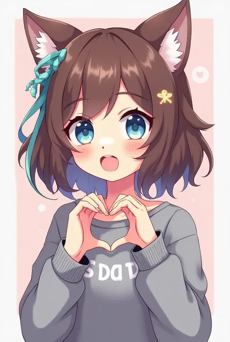   anime girl ,   cartoon with brown hair and locks in turquoise and violet colors with eyes of the same colors one has a heart and the other a star and is making a heart with his hands ,  And clothing with a sweater that says Sibdie and that the style is s...