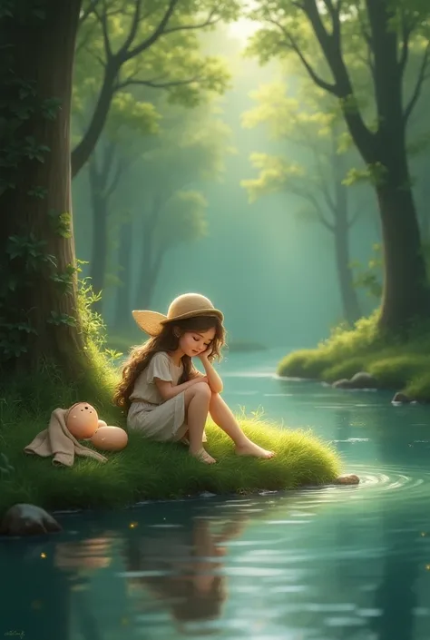 A girl next to the river in a forest with 3 eggs and a coat next to some stones