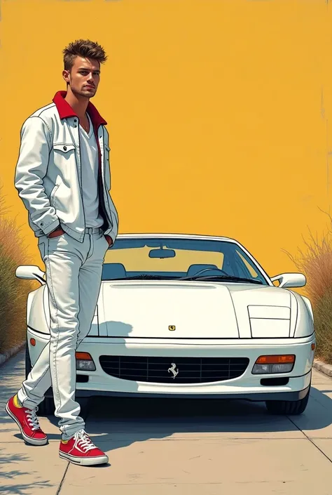 I need an image of two vignettes , One up and one down in the pop art comic style of the 90s , In the first one is Justin Beaber in white skin with a white Ferrari,  then in the second vignette there is only Justin looking back with the car in the backgrou...