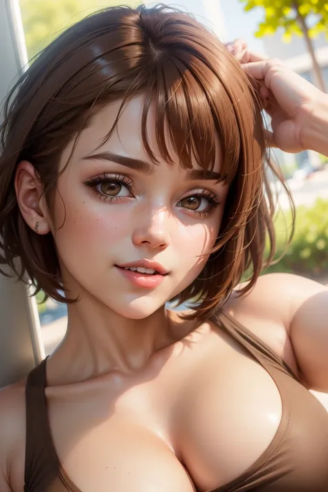 realistic, 3d, (solo), (closeup portrait:1.5) of a pretty girls face, ((brown hair:1.5)), short hair, (bob cut hairdo), (chubby), pretty face, tight shirt, (cotton tank-top t-shirt)
((very large breasts)) depth of field, sunlight, clarity, (happy512:1.5)
B...