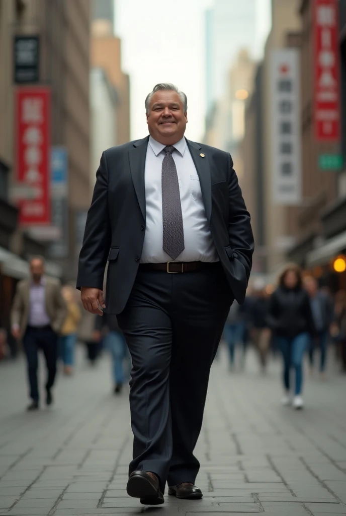 Real photo Fat man in formal suit and tie.  walking happily down the street  