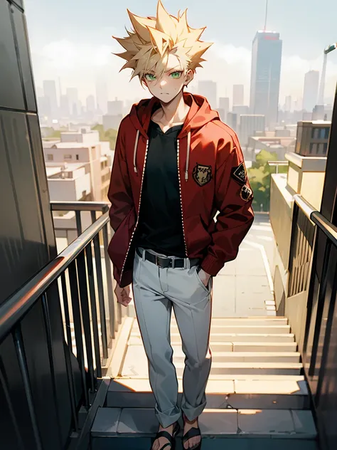 1male , messy pale blonde hair , green eyes , Spiked Hair , Calm Expression , Red Unzipped Hoodie , White T-Shirt,  Black Sash Belt , White Baggy Pants ,  Sandals , Perfect Generation, Standing On sidewalk , Modern City Background, Detailed Background , Yo...