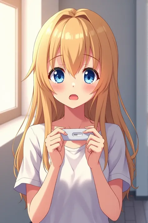 Blue-eyed blond haired anime girl holding a pregnancy test in her hands 