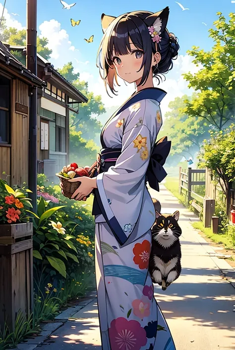 A woman in a beautiful kimono in a rainbow colored prairie 、 floral kimono、Cute Cat、Rabbit、 Many birds and butterflies in the blue sky with raccoon dogs playing happily々