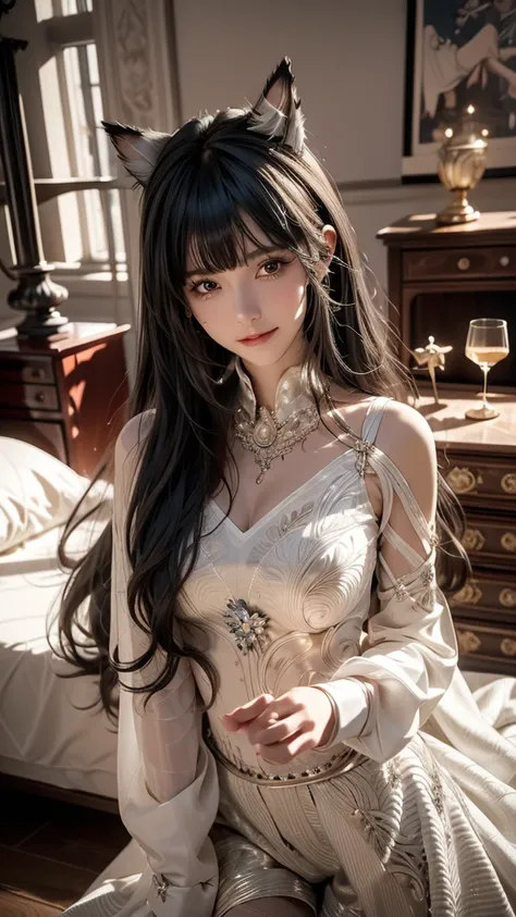 precise,  high detail ,  Very Detailed ,  European Palace Bed Room ，Women, Bangs, long hair, Smile, wears European wedding dress， Textured Skin ,  by the Bedside ， looking at the public