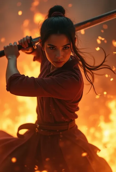 Fighting with a sword in the middle of fire is a girl 