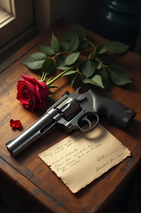 A gun, a rose and a letter on the top of a table