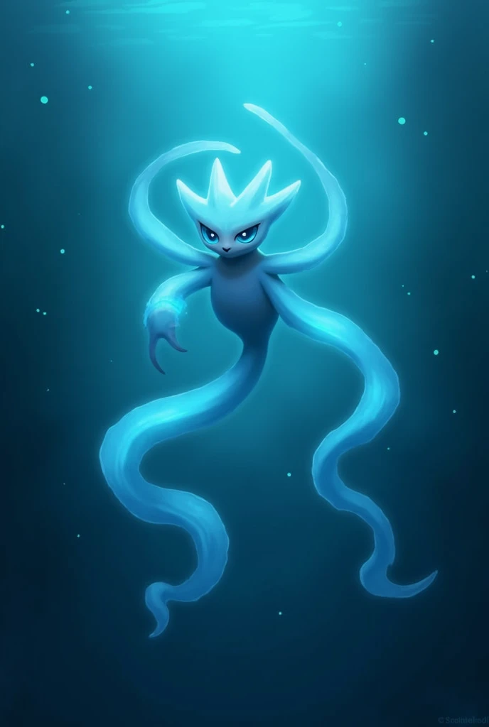 An ethereal, ghostly Pokémon floats underwater, semi-translucent and surrounded by a mystical glow. Its body is a gentle mix of blues and greens that appear like misty swaths. Long, glowing tentacles glide smoothly in the water, creating a soft glow of lig...