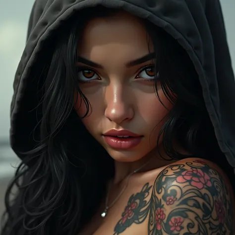  close-up of a woman with tattoos, hood, black girl with long hair  ,cigarette in hand,   Realistic style   ,  Realistic стиль,   Realistic style   ,  Realistic , girl with long hair  , artgerm style,   beautiful digital graphics   ,  beautiful girl, U  hi...