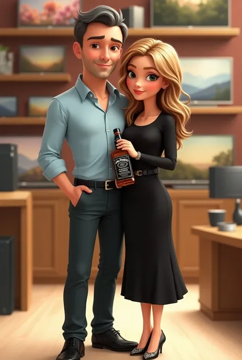 Pixar Disney style poster of a couple posing together. The man on the left has short, dark hair, slightly graying on the sides. He wears a light blue long-sleeved shirt, rolled up to his forearm, paired with dark pants and black shoes. His face has a neutr...