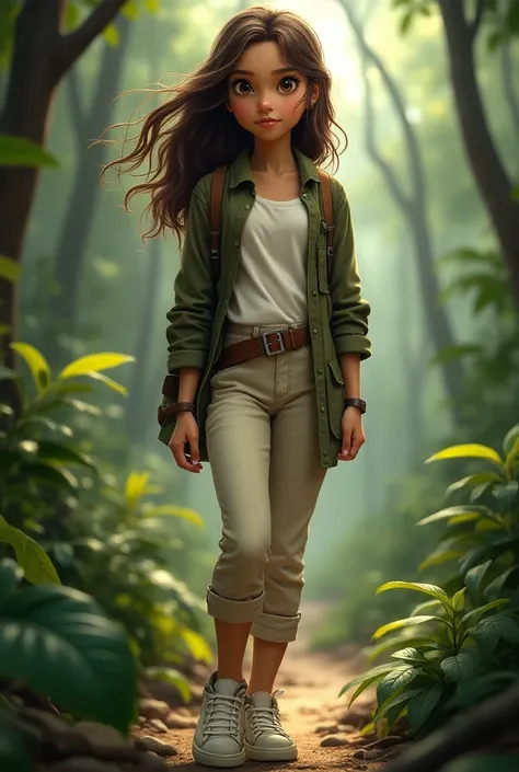 Image of a girl inspired by the series Jurassic World Cretaceous Camp. Slim girl white skin,  Brown Hair ,  brown eyes,  wears off-white pants , a sleeveless white blouse , white sneakers and olive green long sleeve overshirt