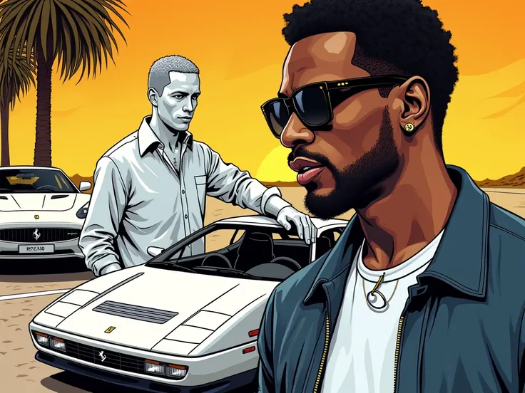 I need an image of two vignettes , One up and one down in the pop art comic style of the 90s , In the first one is Justin Beaber with white skin talking to Puff Diddy with a white Ferrari,  then in the second vignette there is only Justin looking back with...