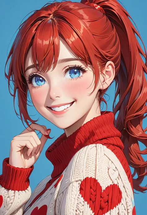 a close up of a woman with a red hair tie in front of hearts, 1girl, smile, solo, heart, blue eyes, looking at viewer, red hair, sweater, ponytail, blush, red sweater, blue background