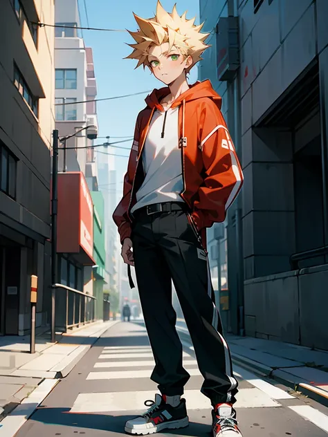 1male , messy pale blonde hair , green eyes , Spiked Hair , Calm Expression , Red Unzipped Hoodie , White T-Shirt,  Black Sash Belt , White Baggy Pants ,  Sneakers , Perfect Generation, Standing On sidewalk , Modern City Background, Detailed Background , Y...