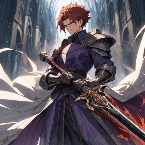 Anime, well detailed, paladin, paladins purple clothes, Cape,  Boy, auburn hair, serious, large sword in hands ((Zweihander))