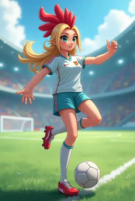 An anime-style frozen chicken with a female soccer player