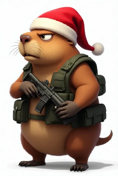 An animation of a capybara in profile with a Christmas hat on a transparent background, She must be armed and wearing a vest with an angry face High resolution. 