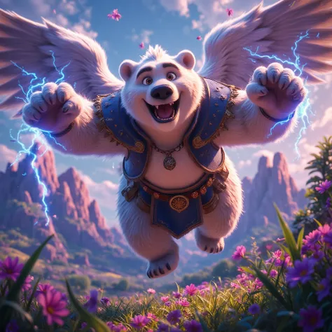 character focus, full body, looking away, dynamic angle, SFW, angel, a muscular middle-aged polar bear man, angel wings, happy, light smile, costume clothes, armor, shirt, loincloth, rushing wind, hold with both hands casting thunder magic, flying, spinnin...