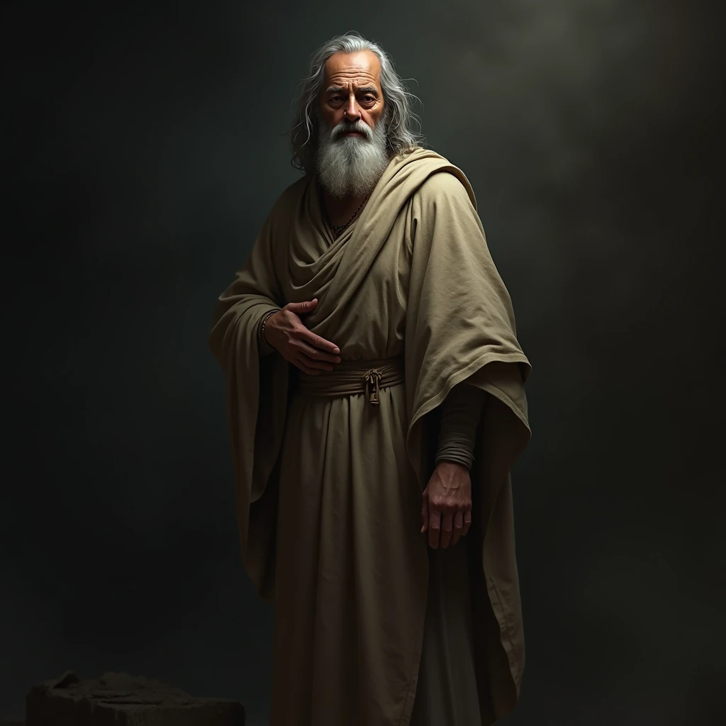 create a realistic image of a stoic philosopher with a dark background