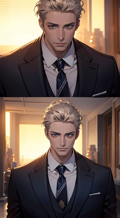 (best quality,4k,8k,highres,masterpiece:1.2),ultra-detailed,(realistic,photorealistic,photo-realistic:1.37),1 man,31 years old,mature man,very handsome,without expression,smile,short grey golden hair,blue eyes,penetrating gaze,perfect face without errors,i...