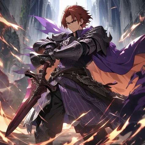 Anime, well detailed, paladin, paladins purple clothes, Cape, 1 Boy, , auburn hair, serious, large sword in hands ((Zweihander))