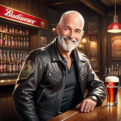 Handsome 53-year-old man  , German, Male,   tight body  , Bald, long white beard , Leather jacket,   while he is smiling and flirtatious at the bar counter, A Budweiser stands in front of him  