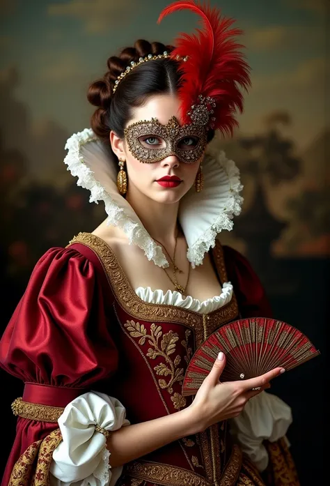 ((masterpiece)) ((photography)) ((Highest quality)) A noblewoman from the French Renaissance era, elegantly dressed in a richly embroidered gown with a wide collar and puffed sleeves. Her mask is feathered and adorned with jewels, matching her gown’s color...