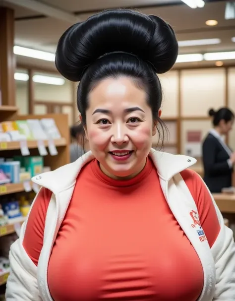 8k,Best Quality, masterpiece,  super high definition,(masterpiece:1.6, Best Quality),  intricate detail , 1 female, Middle-aged woman in her 50s, Japanese, full body,On the head,(( huge bun hair , Big Hair Bun :1.５)), (( Jet Black Hair )) ,((amount:1.5)), ...