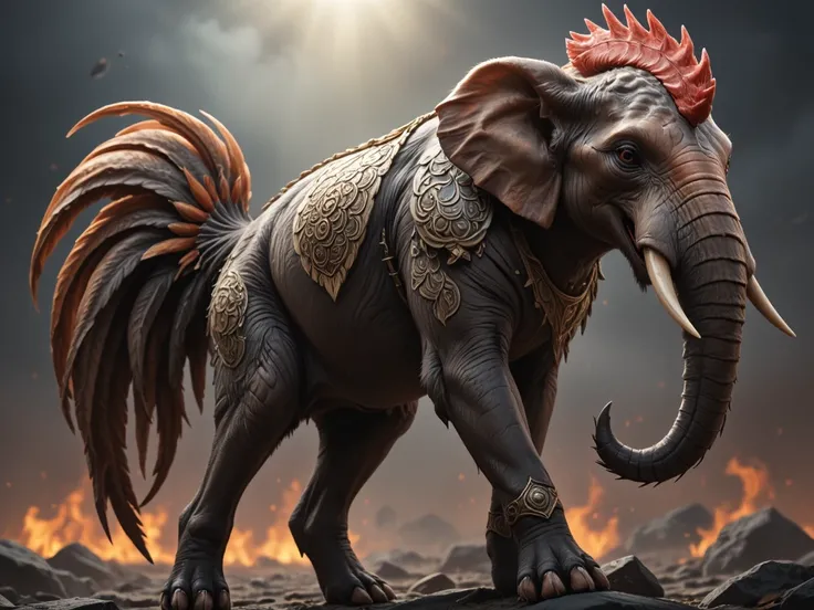 a majestic rooster carrying a large elephant, highly detailed, intricate, photorealistic, 8k, hyper realistic, dramatic lighting, cinematic composition, striking colors, stunning details, masterpiece, award winning art