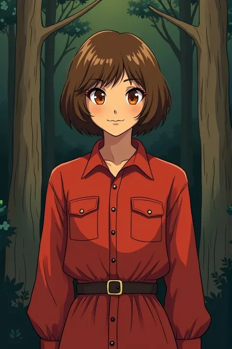  Create an illustration of a short-haired Texan with orange eyes and a red outfit.  Shes 27 years old and she has brown hair   (Make the least possible illustration )  and shes in a shady forest and dont forget shes a Texan  