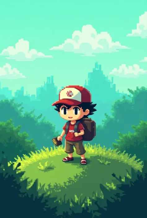 A pixel character is behind a Green Hill pixel scene and the character is similar to Ash and he is holding a pixelated block of Mario that is written games