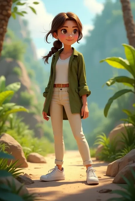 Image of a young girl inspired by the animated series Jurassic World: Cretaceous Camp. Miss, slim, clear white skin,  Brown Hair ,  brown eyes,  wears off-white pants , a sleeveless white blouse , white sneakers and olive green long sleeve overshirt