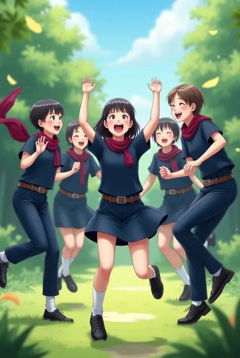  Design with a group of happy teenagers jumping in the air ,  boys in navy blue uniforms with short sleeve shirts and long pants ,  black shoe and brown belt ,  with burgundy boy scarf ,  girls in navy blue uniforms with short sleeve shirts and skirts abov...