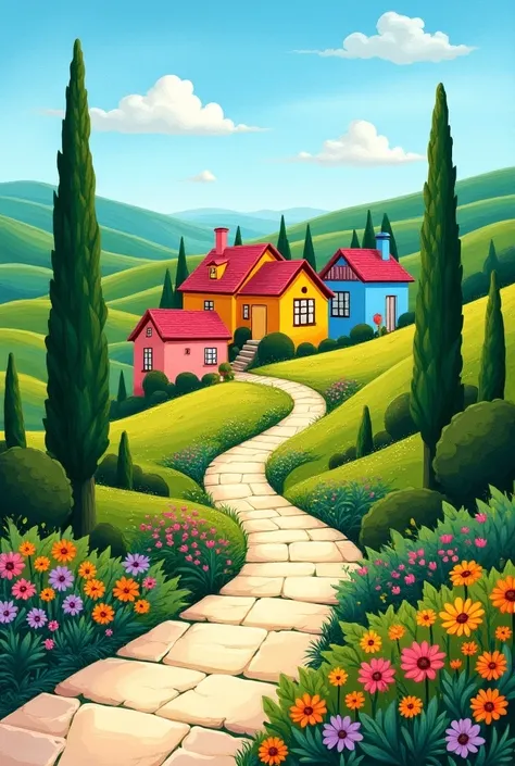 A whimsical, colorful landscape painting features a winding stone path leading up a hillside towards a cluster of small, vibrantly colored houses. The houses are nestled amongst lush greenery and bright flowers, with a backdrop of rolling hills and a blue ...